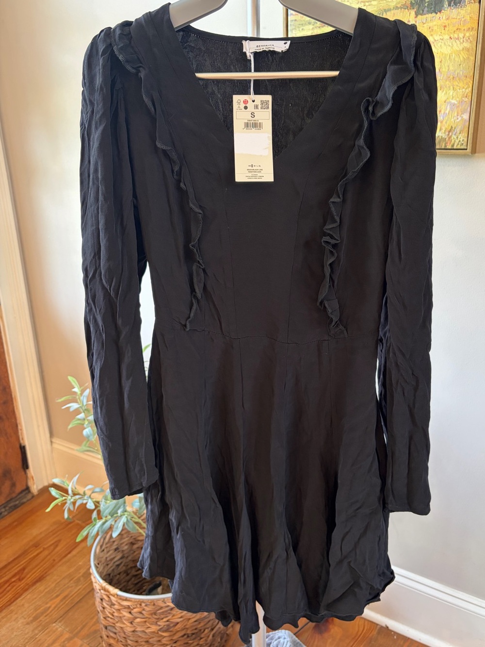 Reserved Black Long-Sleeve Ruffle-Trim mini Dress NWT